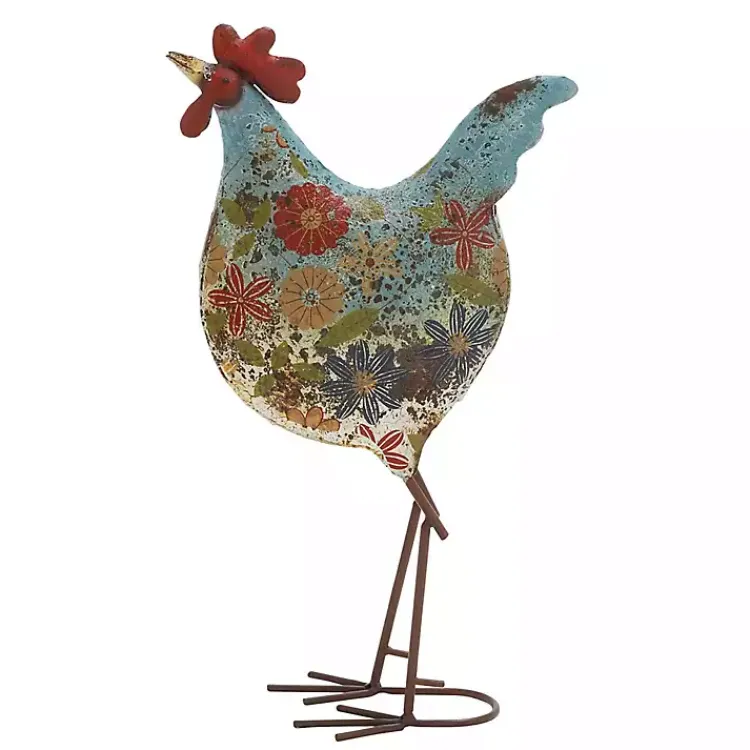 Garden Statues-Kirklands Home Blue Floral Metal Rooster Statue