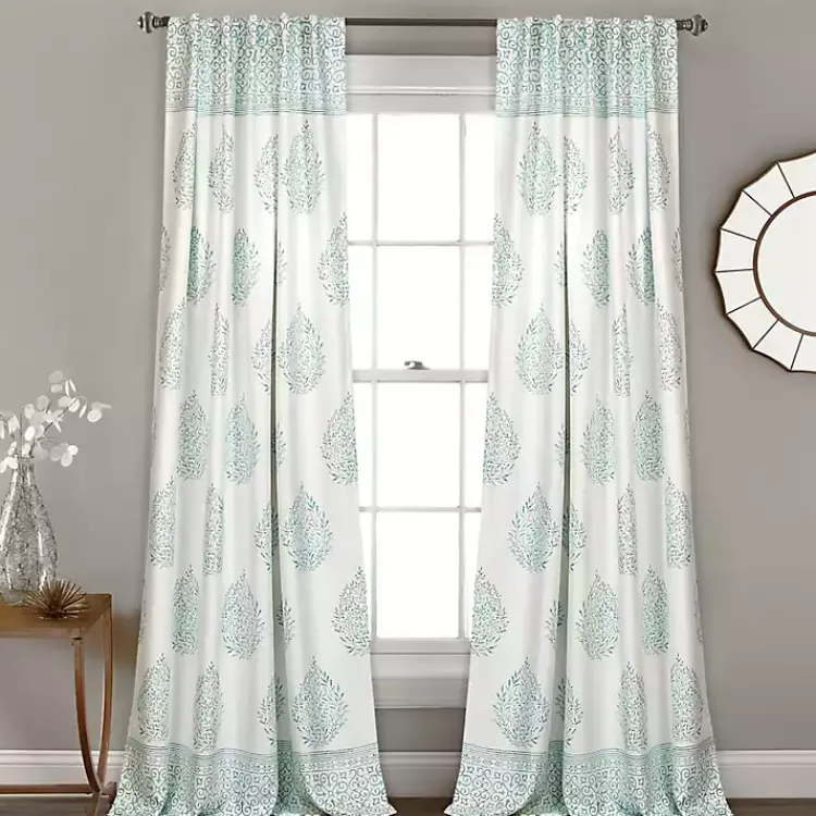 Curtains & Drapes-Kirklands Home Blue Teardrop Leaves Curtain Panel Set, 84 in.