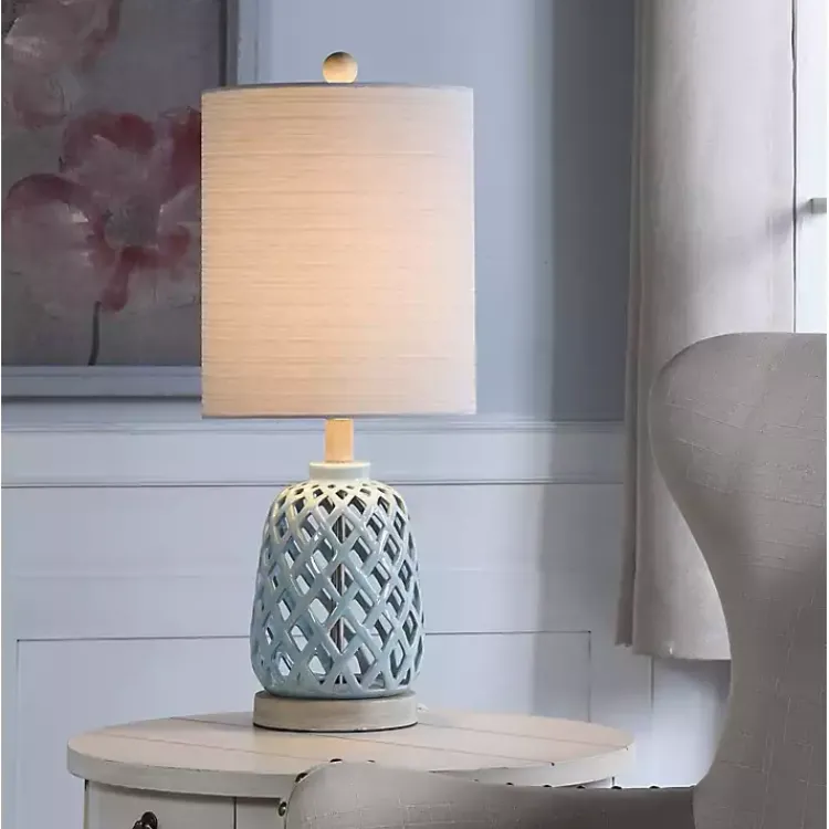 Table Lamps-Kirklands Home Powder Blue Open Weave Ceramic Table Lamp Ivory