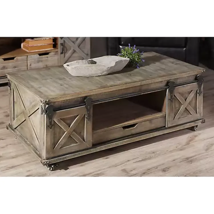 Coffee Tables-Kirklands Home Rustic Wood Rolling Barn Door Coffee Table Gray