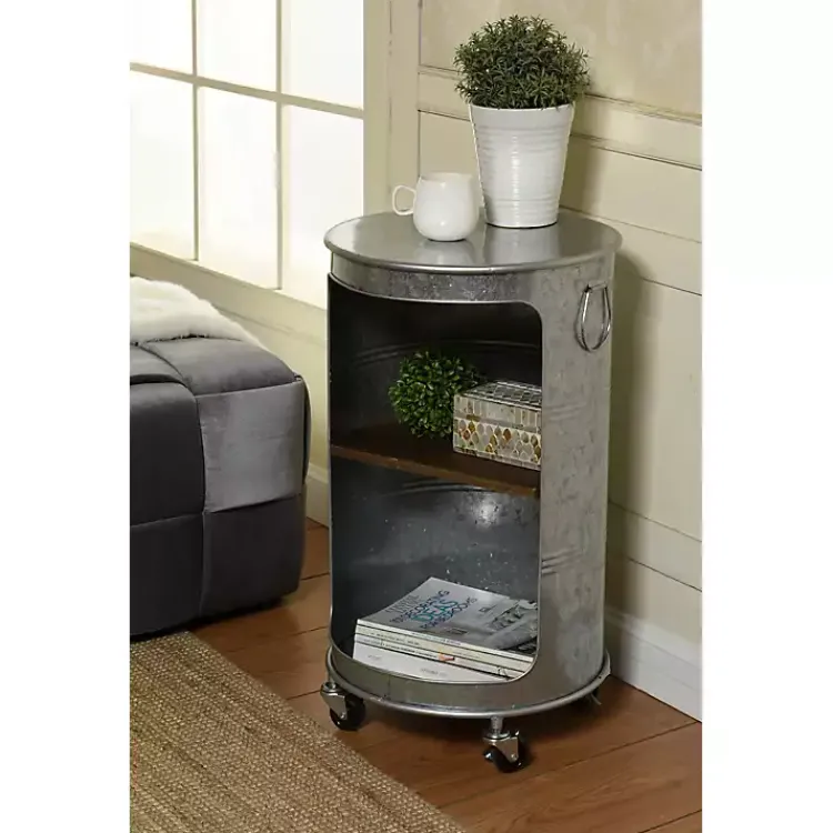 Accent & End Tables-Kirklands Home Antique Round Rolling Galvanized Accent Table Gray