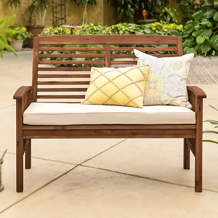 Outdoor Seating-Kirklands Home Dark Acacia Wood Loveseat Bench with Cushion Brown