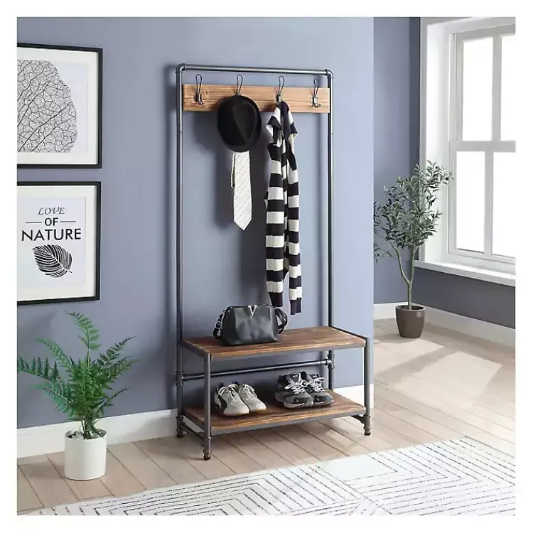Entryway Furniture-Kirklands Home Annalee Industrial Metal and Wood Hall Tree