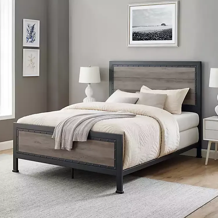 Beds & Headboards-Kirklands Home Industrial Wood Queen Bed with Metal Frame Brown