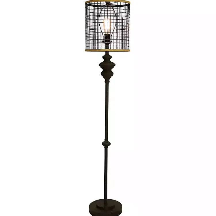 Floor Lamps-Kirklands Home Industrial Edison Bulb Metal Mesh Shade Floor Lamp Black