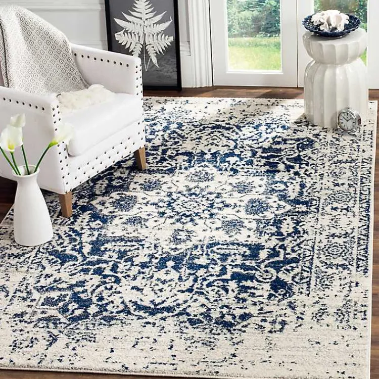Area Rugs-Kirklands Home Navy and Cream Madison Distressed Area Rug, 5x7