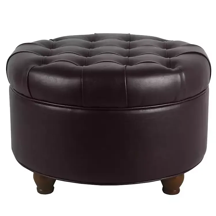 Benches & Ottomans-Kirklands Home Faux Leather Tufted Round Storage Ottoman Brown