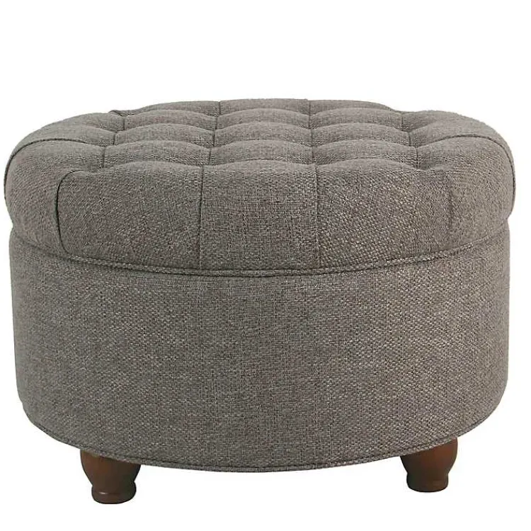 Benches & Ottomans-Kirklands Home Dark Tufted Round Storage Ottoman Gray