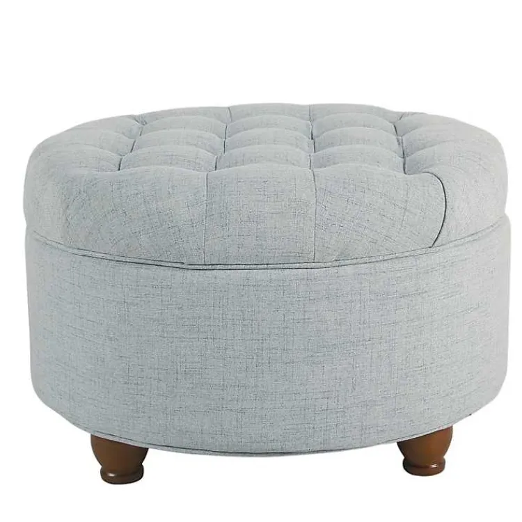 Benches & Ottomans-Kirklands Home Light Tufted Round Storage Ottoman Blue