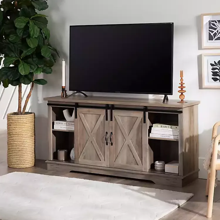 Tv Stands & Media Consoles-Kirklands Home Sliding Barn Door Open Shelf Wash TV Stand Gray