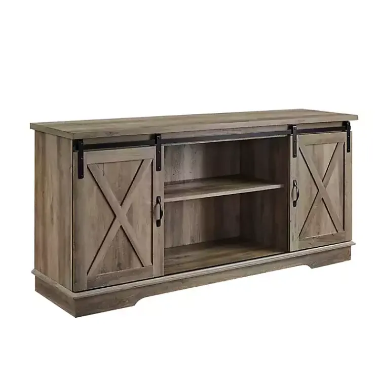 Tv Stands & Media Consoles-Kirklands Home Sliding Barn Door Open Shelf Wash TV Stand Gray