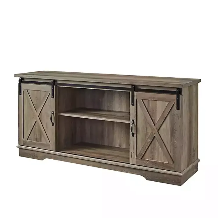 Tv Stands & Media Consoles-Kirklands Home Sliding Barn Door Open Shelf Wash TV Stand Gray