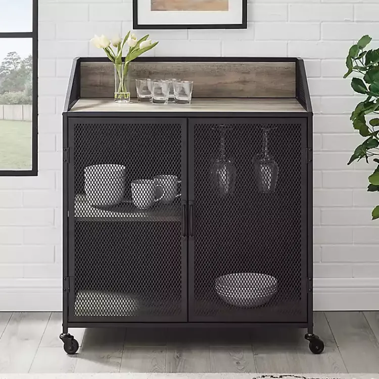 Cabinets & Sideboards-Kirklands Home Urban Mesh Door Rolling Bar Cabinet Gray