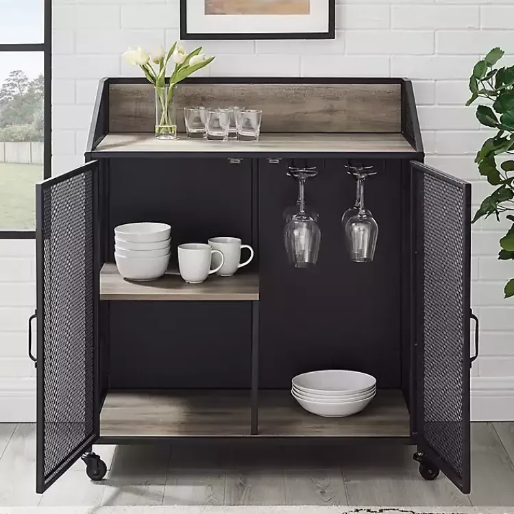 Cabinets & Sideboards-Kirklands Home Urban Mesh Door Rolling Bar Cabinet Gray