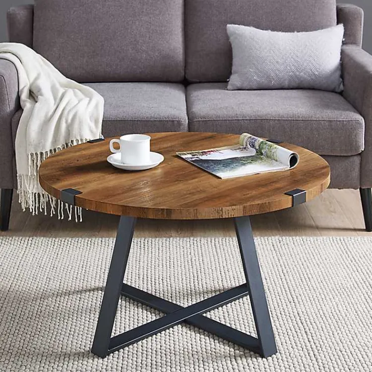Coffee Tables-Kirklands Home Oak Urban Rustic Round Coffee Table Brown