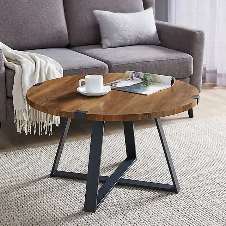 Coffee Tables-Kirklands Home Oak Urban Rustic Round Coffee Table Brown