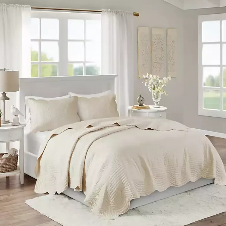 Bedspreads & Coverlets-Kirklands Home Scalloped Monica 3-pc. Queen Coverlet Set Ivory