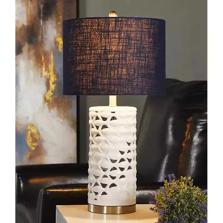 Table Lamps-Kirklands Home White School of Fish Open Work Table Lamp Blue