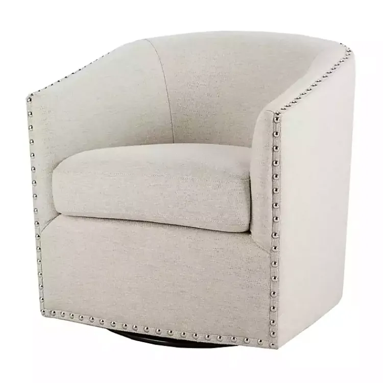 Accent Chairs-Kirklands Home Metro Club Natural Swivel Chair with Nailhead Trim Ivory
