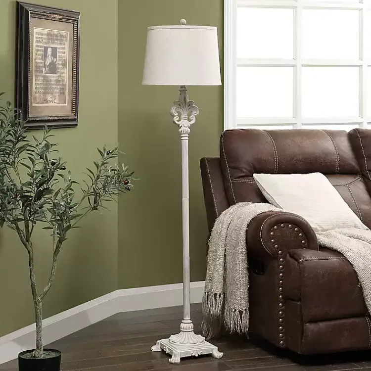 Floor Lamps-Kirklands Home Distressed Fleur-de-lis Floor Lamp Tan