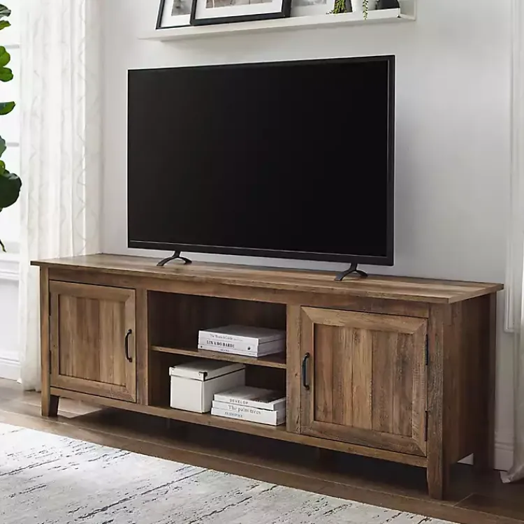 Tv Stands & Media Consoles-Kirklands Home Rustic Oak Wood Grooved Door TV Stand Brown