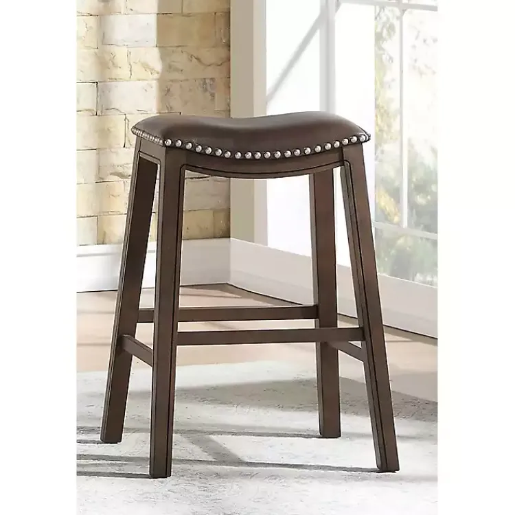 Bar Stools & Counter Height Stools-Kirklands Home Ella Saddle Bar Stool with Nailhead Trim Brown