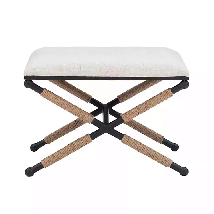 Benches & Ottomans-Kirklands Home Black Metal Legs Bench with Rope Detail White