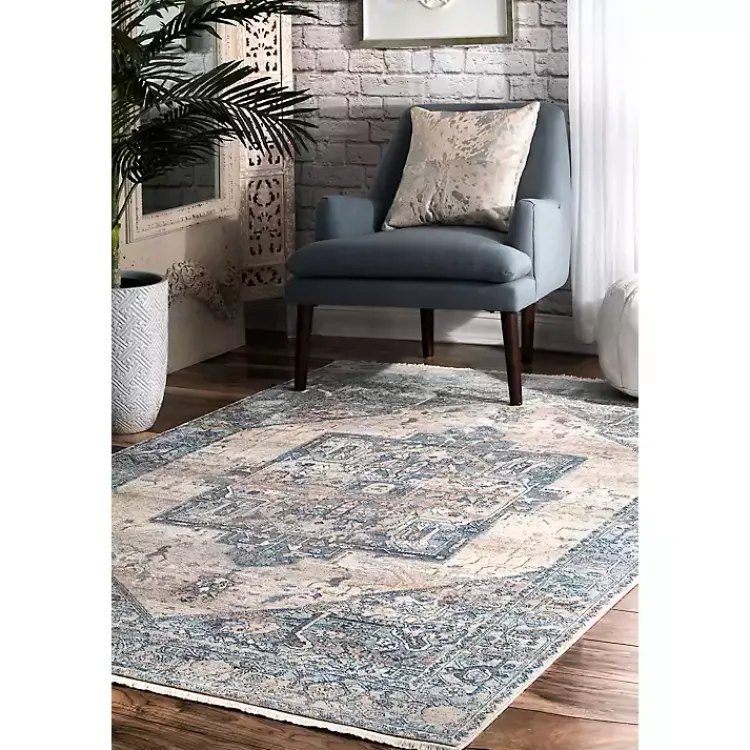 Area Rugs-Kirklands Home Blue Eli Medallion Fringe Area Rug, 5x8