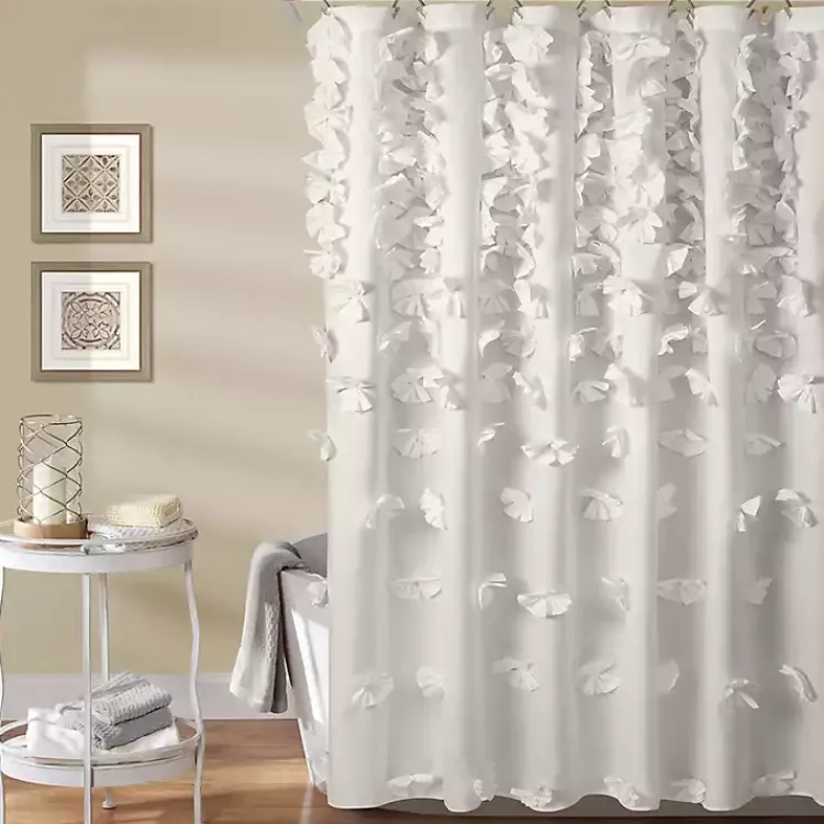 Shower Curtains-Kirklands Home Riley Cascading Bows Shower Curtain White