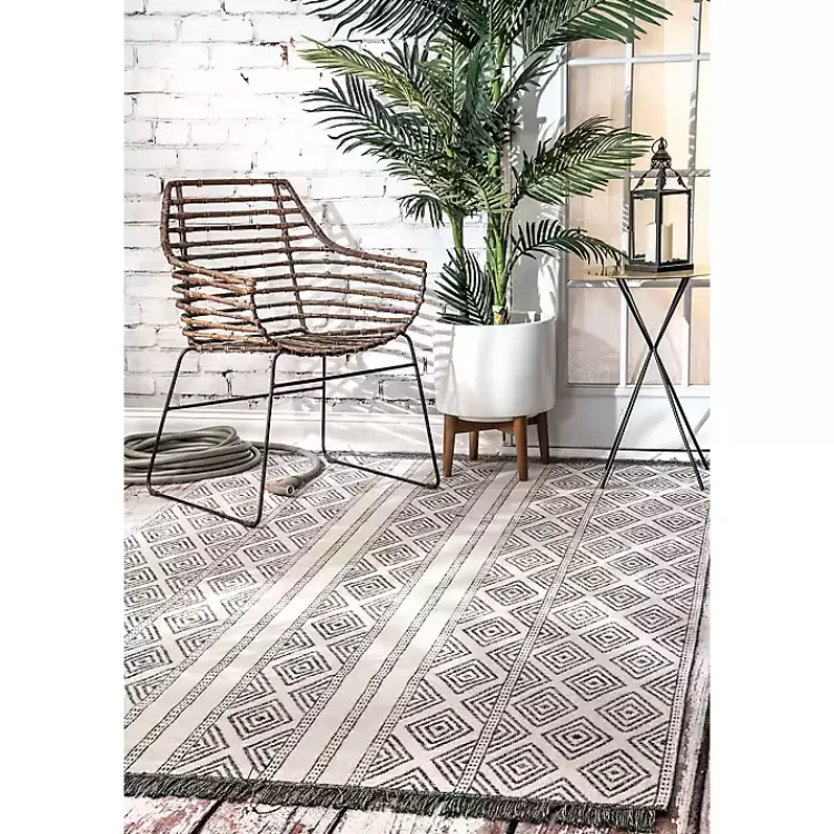 Outdoor Rugs-Kirklands Home Cream and Gray Miriam Striped Outdoor Rug, 5x8