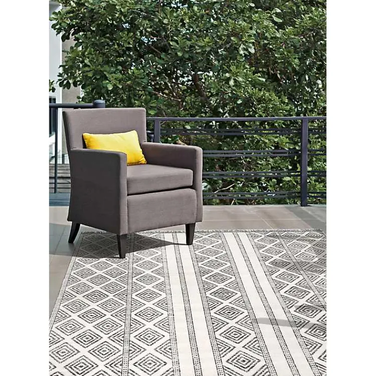 Outdoor Rugs-Kirklands Home Cream and Gray Miriam Striped Outdoor Rug, 5x8