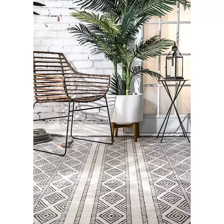 Outdoor Rugs-Kirklands Home Cream and Gray Miriam Striped Outdoor Rug, 5x8