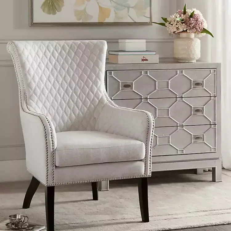 Accent Chairs-Kirklands Home Ivory Lanea Quilted Accent Chair with Silver Studs White