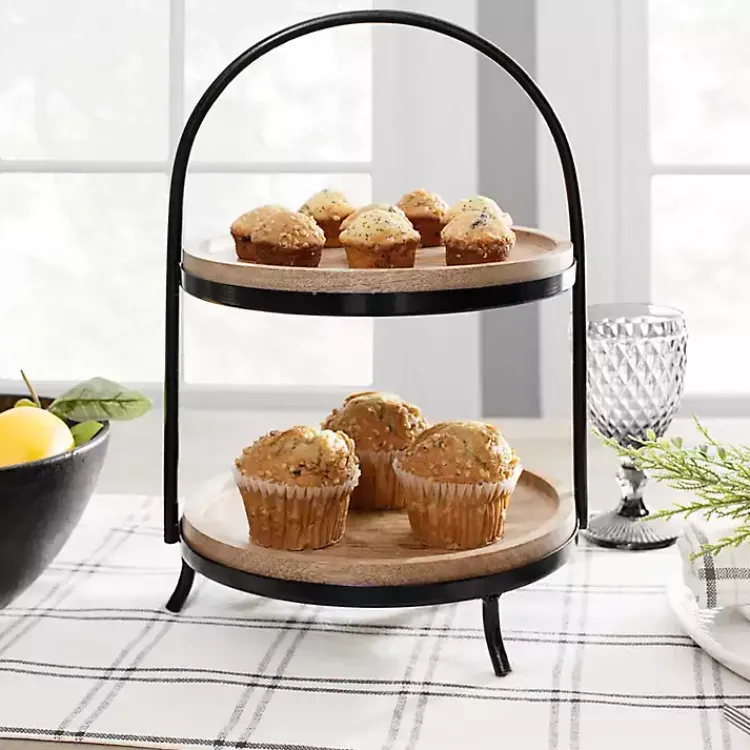 Serving & Entertaining-Kirklands Home Black Metal and Natural Wood 2-Tier Server