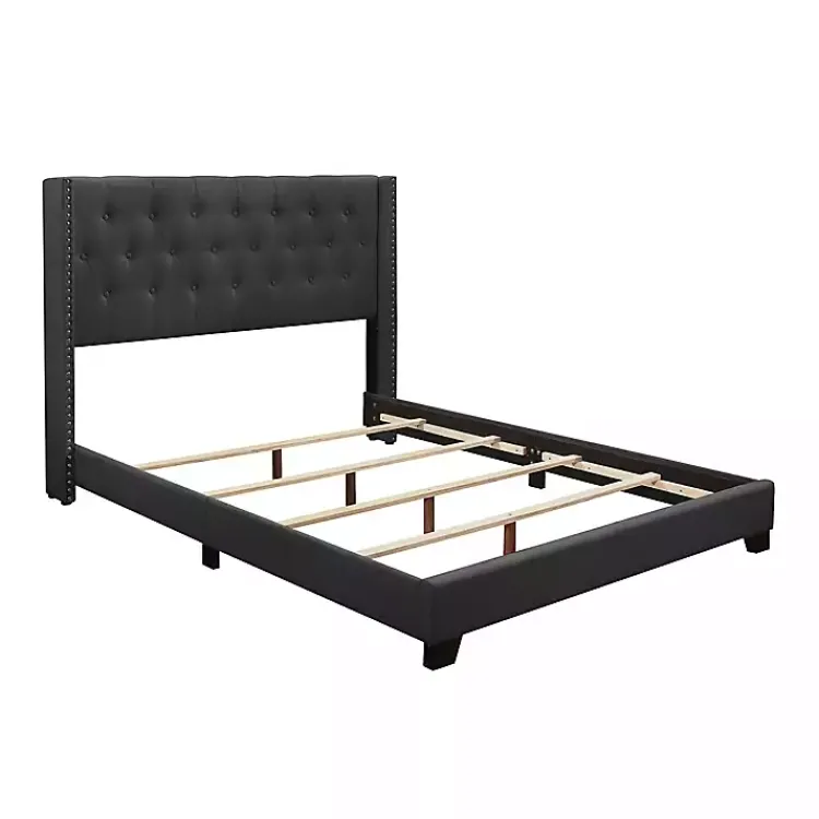 Beds & Headboards-Kirklands Home Dark Upholstered Button Tufted Wing Queen Bed Gray