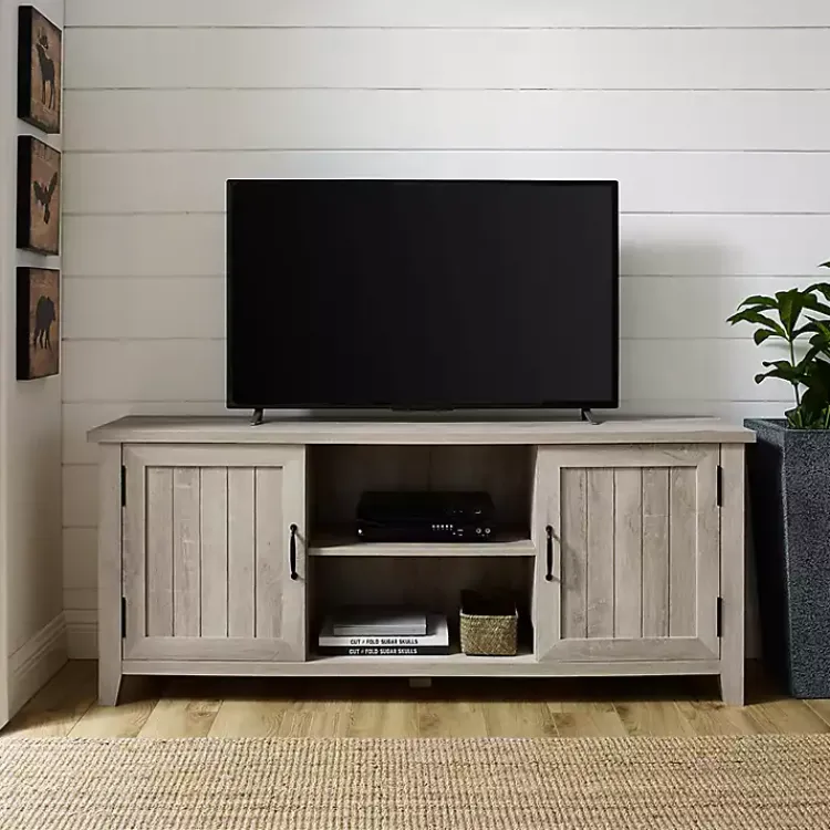 Tv Stands & Media Consoles-Kirklands Home White Oak Grooved Door TV Stand Ivory
