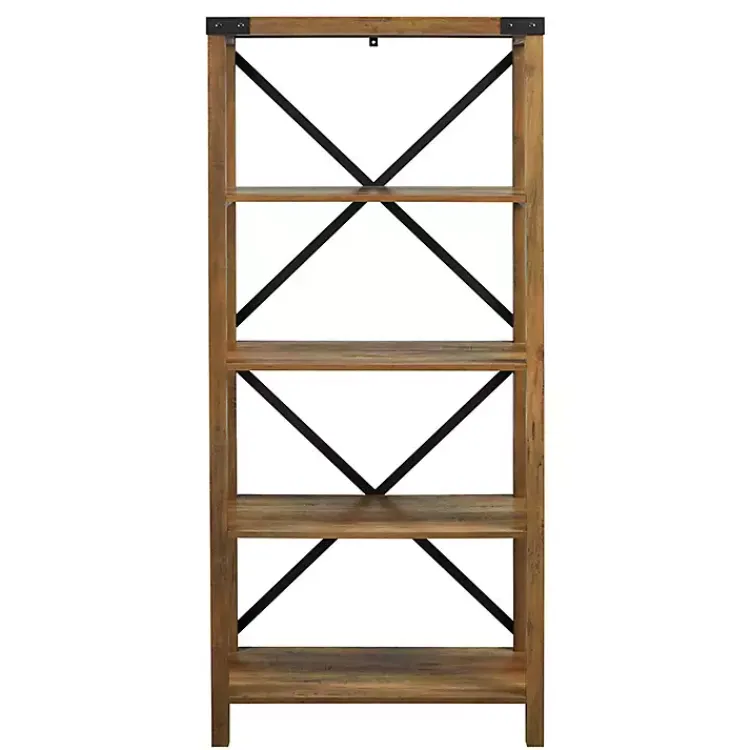 Office Furniture-Kirklands Home Rustic Oak Metal X Frame Back Bookshelf Brown