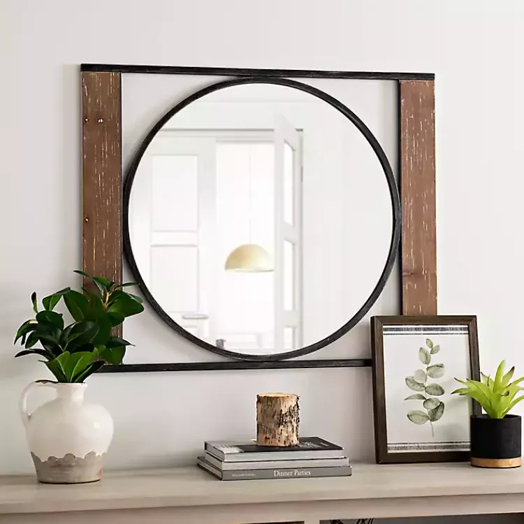 Decorative Mirrors-Kirklands Home Wood and Metal Framed Round Industrial Mirror