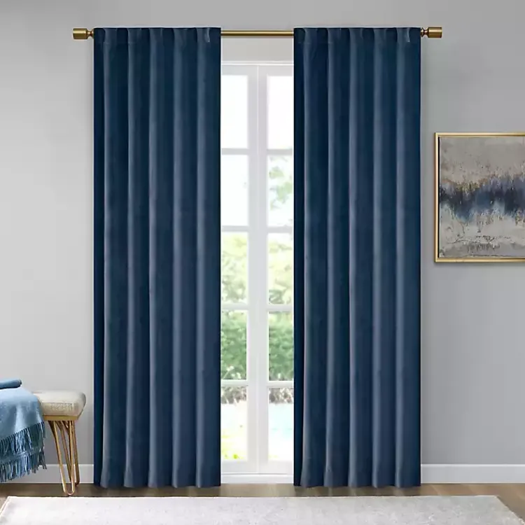 Curtains & Drapes-Kirklands Home Navy Velvet Greta Curtain Panel Set, 95 in. Blue