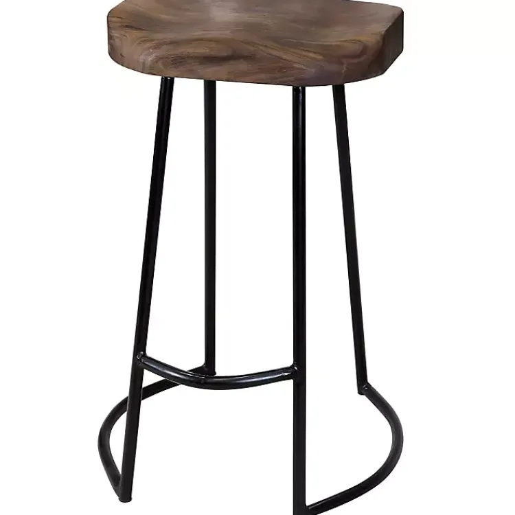 Bar Stools & Counter Height Stools-Kirklands Home Acacia Wood Seat Wrought Iron Base Counter Stool Brown