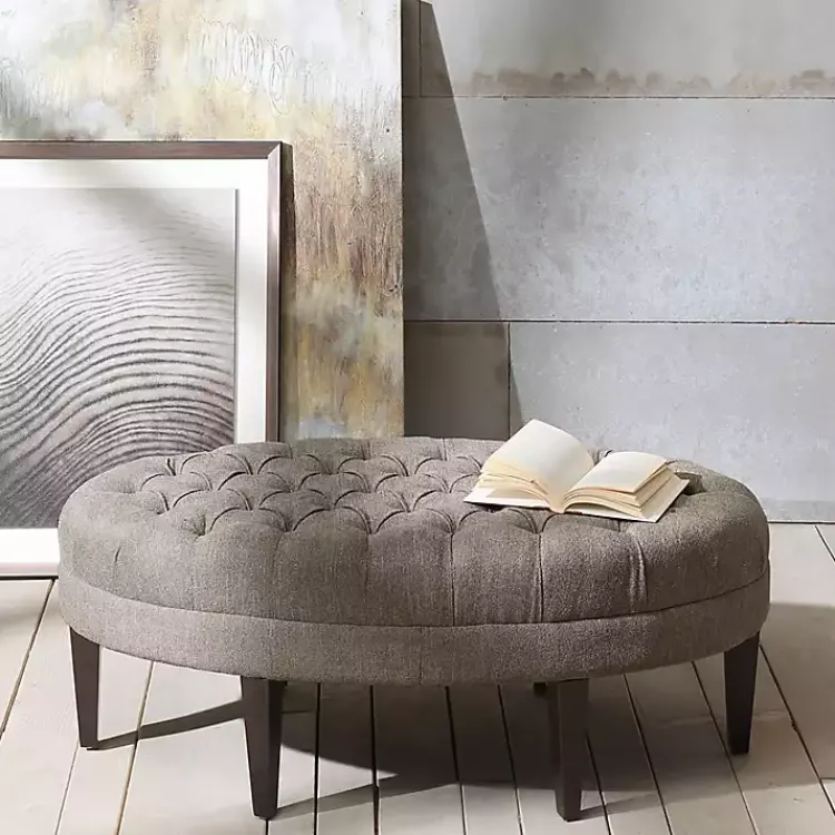 Benches & Ottomans-Kirklands Home Cory Tufted Beige Linen Ottoman Gray