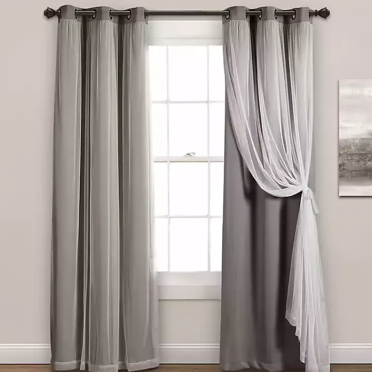 Curtains & Drapes-Kirklands Home Curtain Panel Set with Overlay, 95 in. Gray