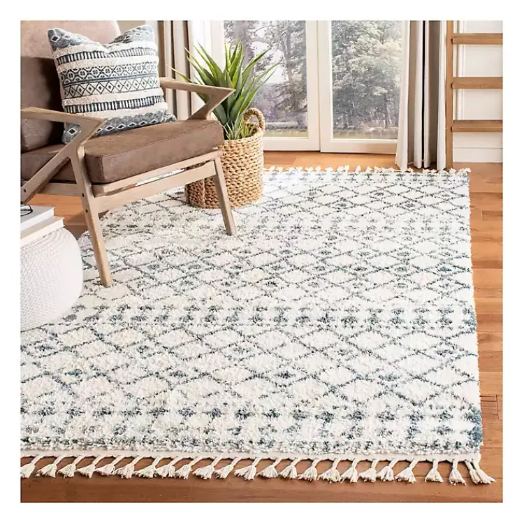 Area Rugs-Kirklands Home Cream and Blue Bergen Weathered Fringe Rug, 5x7