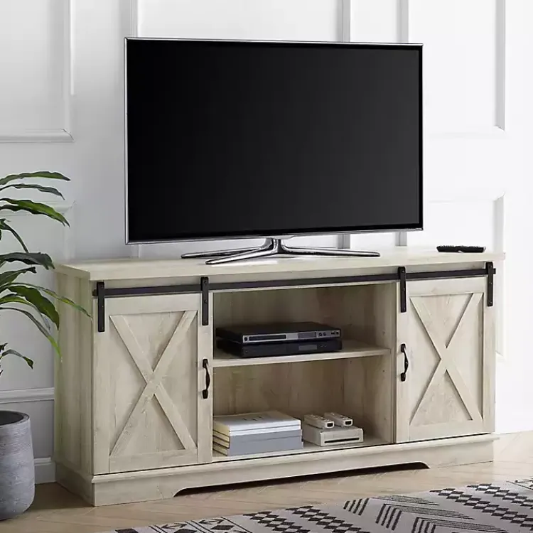 Tv Stands & Media Consoles-Kirklands Home Oak Sliding Barn Door TV Stand White