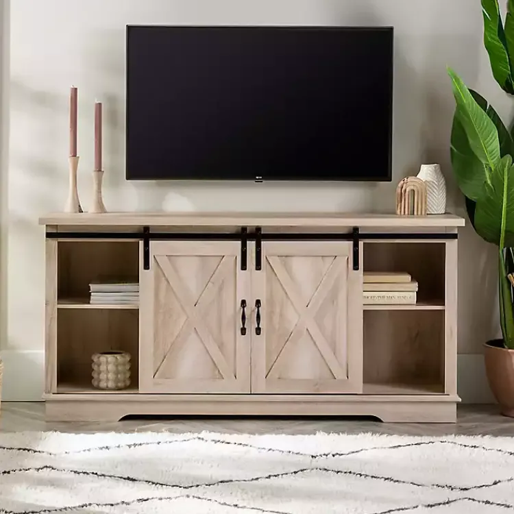 Tv Stands & Media Consoles-Kirklands Home Oak Sliding Barn Door TV Stand White