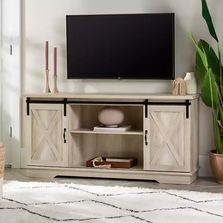 Tv Stands & Media Consoles-Kirklands Home Oak Sliding Barn Door TV Stand White