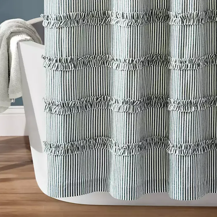 Shower Curtains-Kirklands Home Denim Vintage Stripe Shower Curtain Blue