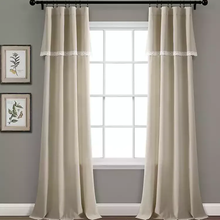 Curtains & Drapes-Kirklands Home Dark Linen Lace Curtain Panel Set, 84 in. Tan