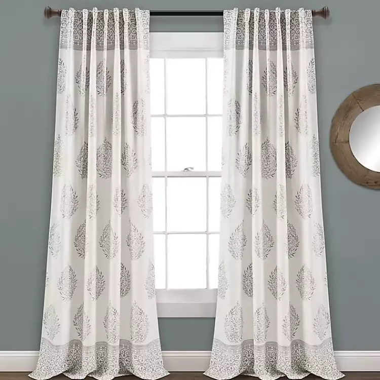 Curtains & Drapes-Kirklands Home Gray Teardrop Leaves Curtain Panel Set, 95 in.