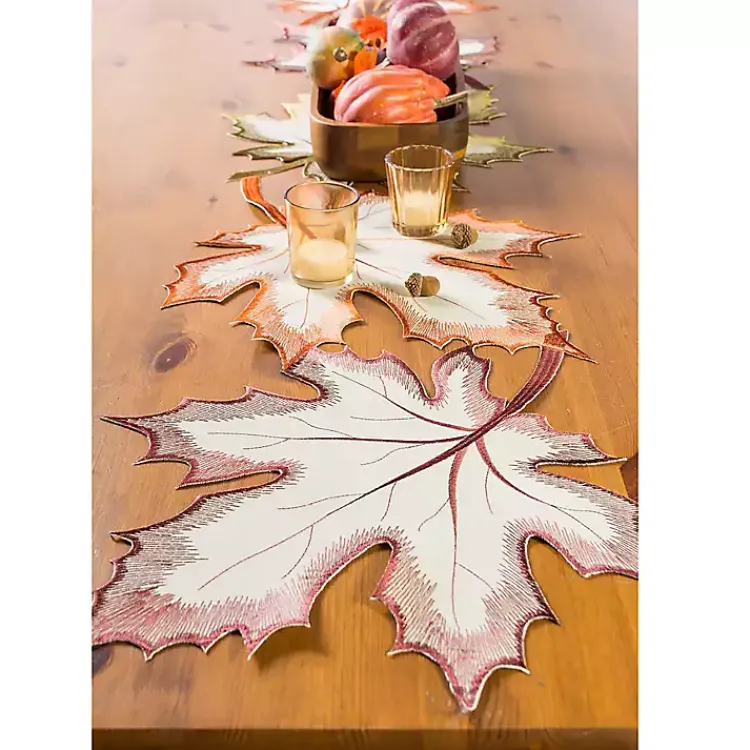 Table Linens-Kirklands Home Embroidered Maple Leaves Table Runner Orange